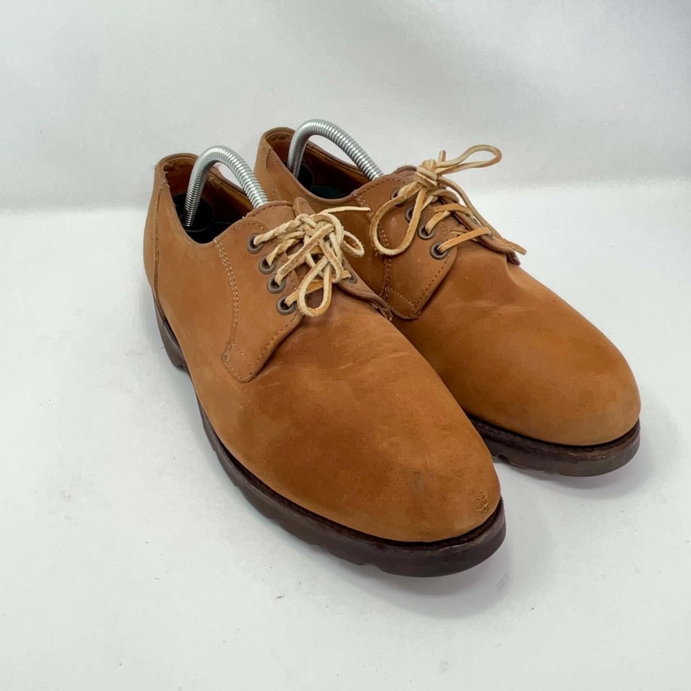Allen Edmonds Orlean Mens 9.5E Tan Suede Plain Toe Derby Vibram Lug Sole Shoes